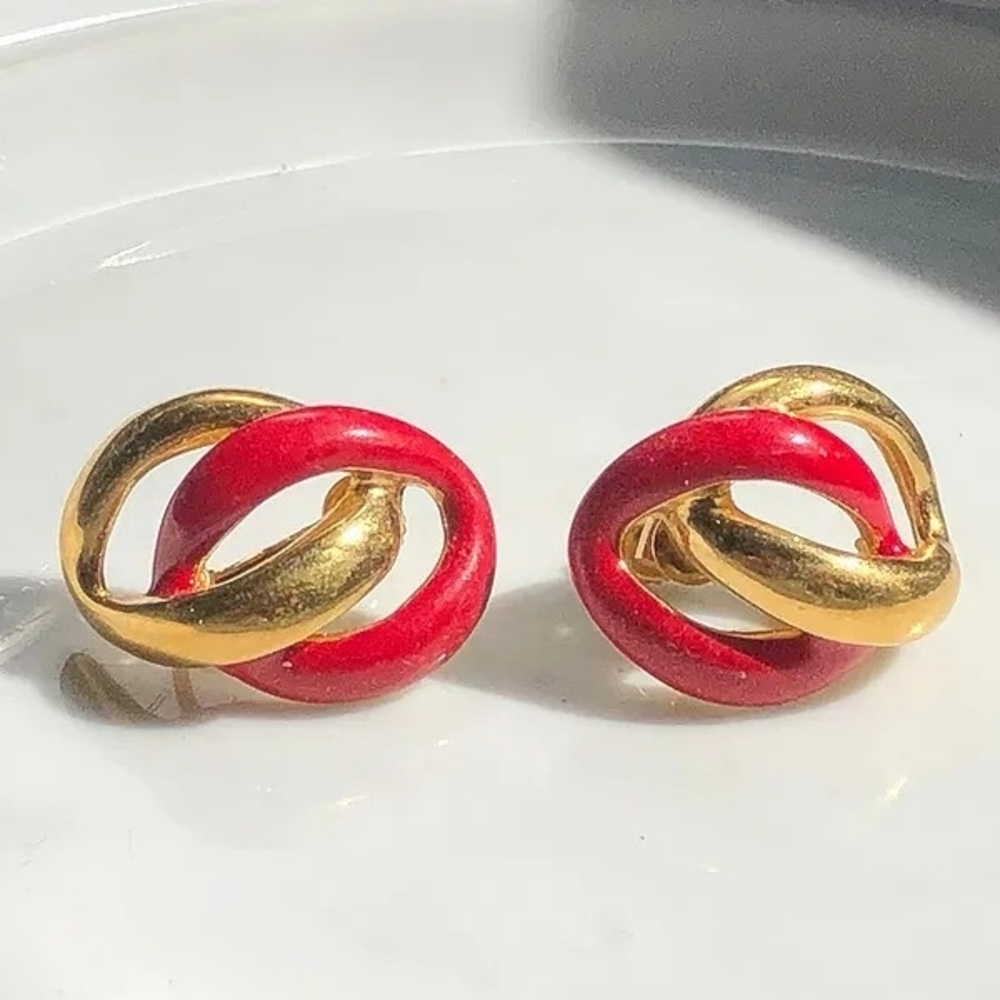 Vintage Signed Napier Red Enamel & Gold Tone Screw Back Knot Earrings